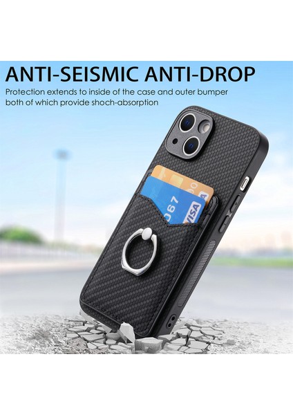 iPhone15 Plus Karbon Fiber Doku Pu Deri+Pc+Tpu Telefon Kılıf Kart Tutucu Yüzük Kickstand Cep Telefonu Kapak Black (Yurt Dışından) indirimleri