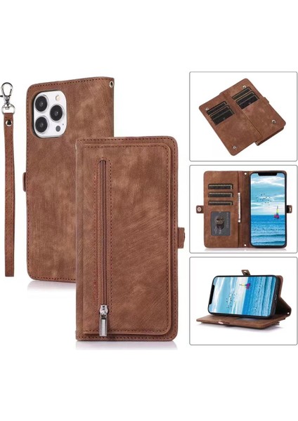 iPhone15 Pro For For For For For For Featible Stand Cüzdan Kılıfı 9 Kart Yuvaları Zipper Cep Pu Deri Telefon Kapağı Strap-Brown (Yurt Dışından)