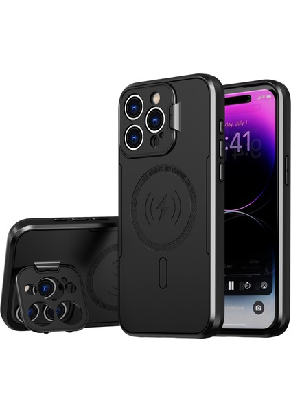 iPhone15 Pro Max Pc+Tpu Bırakma Koruma Korusu Lens Çerçeve Kickstand Telefon Kapağı Magsafe-Black ile Uyumlu (Yurt Dışından)