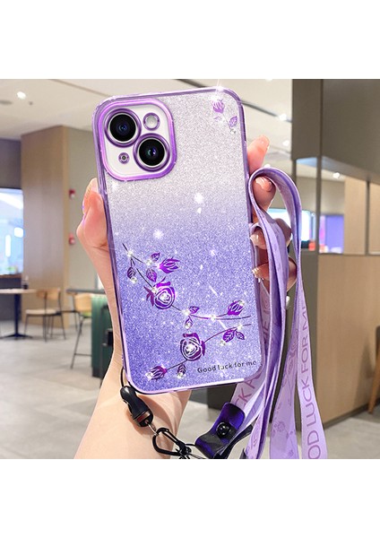 iPhone13 Için 6.1 Inç Esnek Tpu Telefon Kapağı Çiçek Tasarımı Rhinestone Glitter Geri Kılıf Strap-Purple ile (Yurt Dışından)