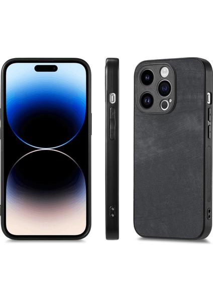 iPhone15 Pro Pu Deri+Pc Telefon Kılıfı Yüksek Alüminyum Silicon Cam Film Black ile Retro Doku Kapağı (Yurt Dışından)