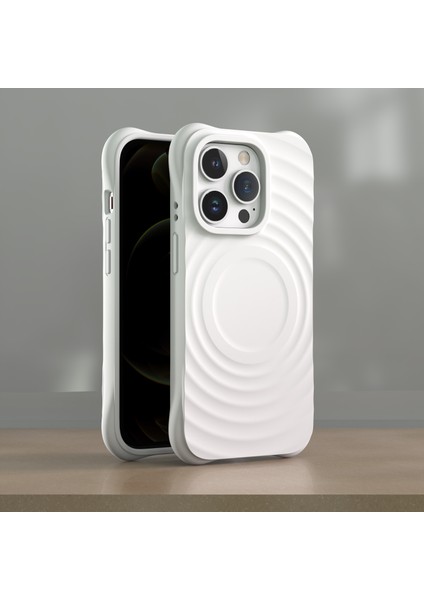 iPhone13 Pro Max Için Magsafe Pc+Sıvı Silikon Kapak-Beyaz ile Uyumlu 3D Dalgalanma Dokusu 3D Dalgalı Doku (Yurt Dışından)