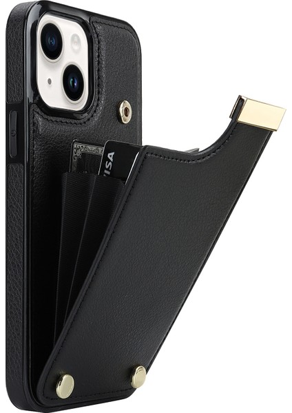 iPhone14 Plus Case Tpu+Pu Deri+Metal Cep Telefon Kapağı Kart Tutucu Black (Yurt Dışından)
