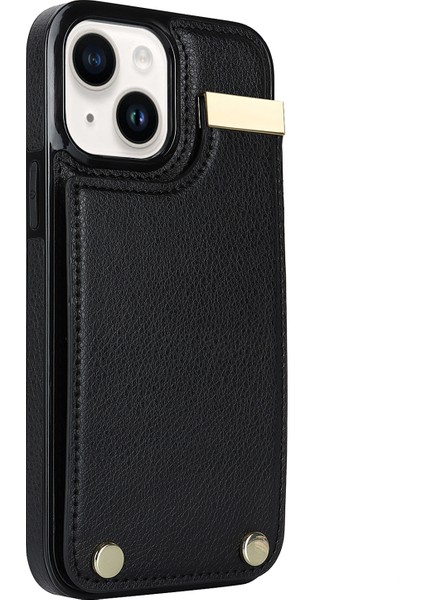 iPhone14 Plus Case Tpu+Pu Deri+Metal Cep Telefon Kapağı Kart Tutucu Black (Yurt Dışından)