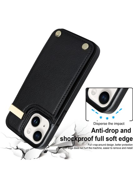 iPhone14 Plus Case Tpu+Pu Deri+Metal Cep Telefon Kapağı Kart Tutucu Black (Yurt Dışından)