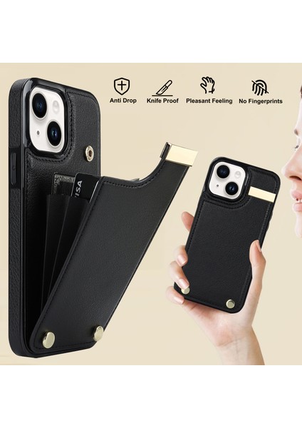 iPhone14 Plus Case Tpu+Pu Deri+Metal Cep Telefon Kapağı Kart Tutucu Black (Yurt Dışından)