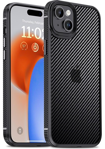 iPhone15 Plus Ön Kara Çizelge Anti Tele Kapağı Karbon Fiber Doku Tpu+Pc Geri Kılıf Black (Yurt Dışından)