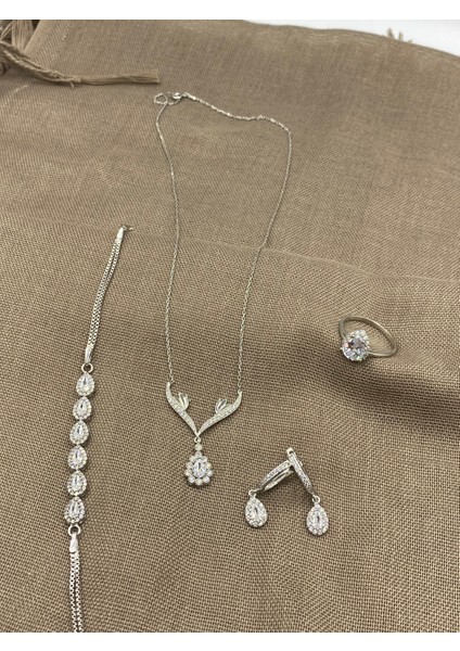 Inure Jewelry Beyaz Taş Damla Model 925 Ayar Gümüş Set Kolye & Bileklik & Küpe & Yüzük