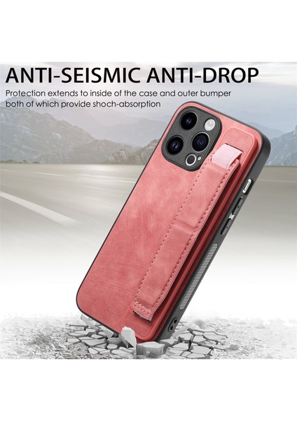 D11 iPhone14 Pro Case Retro Deri Deri Kazanan Bilek Bant Kickstand Smartphone Kapak Pembe (Yurt Dışından)