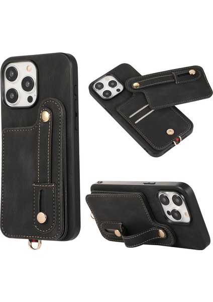 iPhone14 Pro Max Case Kickstand Card Tutucu Tpu+Deri Telefon Kapağı Black (Yurt Dışından)