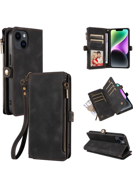 iPhone15 Plus Önce Çizgi Anti-Cratch Telefon Kapağı Fermuarı Cep Cüzdanı Rfıd Engelleme Stand Deri Kılıf Strap-Black (Yurt Dışından)