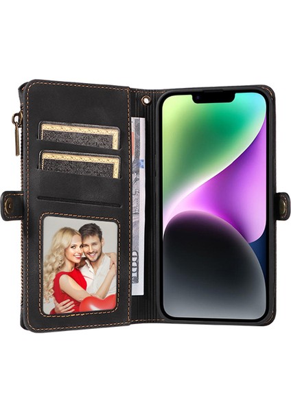 iPhone15 Plus Önce Çizgi Anti-Cratch Telefon Kapağı Fermuarı Cep Cüzdanı Rfıd Engelleme Stand Deri Kılıf Strap-Black (Yurt Dışından)
