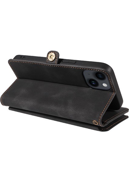 iPhone15 Plus Önce Çizgi Anti-Cratch Telefon Kapağı Fermuarı Cep Cüzdanı Rfıd Engelleme Stand Deri Kılıf Strap-Black (Yurt Dışından)