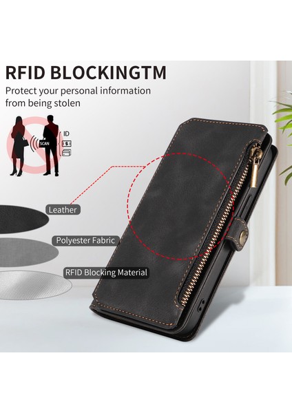 iPhone15 Plus Önce Çizgi Anti-Cratch Telefon Kapağı Fermuarı Cep Cüzdanı Rfıd Engelleme Stand Deri Kılıf Strap-Black (Yurt Dışından)
