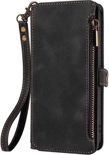 iPhone15 Plus Önce Çizgi Anti-Cratch Telefon Kapağı Fermuarı Cep Cüzdanı Rfıd Engelleme Stand Deri Kılıf Strap-Black (Yurt Dışından)