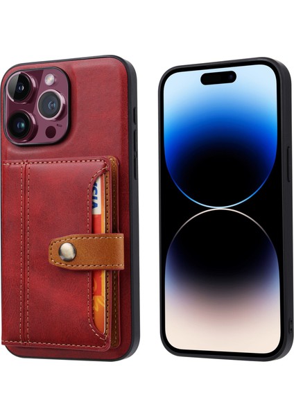iPhone15 Pro Max Maksimum Buzağı Dokusu Telefon Kılıf Yuvaları Kickstand Pu Deri Kaplamalı Tpu Arka Kapak Kırmızısı (Yurt Dışından)