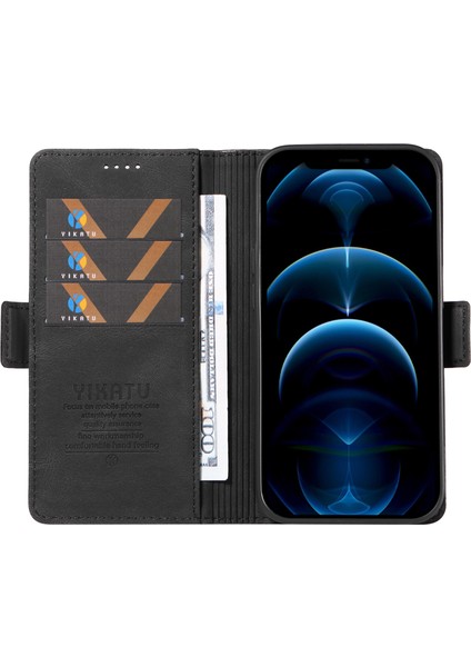 Pu Deri Cüzdan Kılıfı iPhone12/12 Pro Skin-Touch Stand Manyetik Kapatma Telefon Kapak Black (Yurt Dışından)