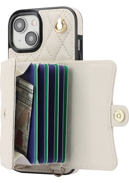 026 iPhone13/14 Kickstand Case Card Yuvaları Rhombus Grid Telefon Kapak-Beyaz (Yurt Dışından)