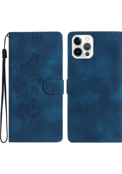 iPhone15 Pro-Drop Anti-Drop Telefon Kılıfı Çiçek Baskılı Deri Cüzdan Stand Kapak Mavisi (Yurt Dışından)