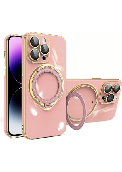 iPhone15 Pro Max Için Electleplating Yumuşak Tpu Kılıfı Döner Kickstand Telefon Kapağı Lens Koruyucu-Pembe (Yurt Dışından)