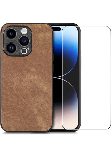 iPhone15 Pro Max Back Cover Pu Deri+Pc Yüksek Alüminyum Silikon Cam Film-Kahverengi ile Vintage Telefon Kılıfı (Yurt Dışından)