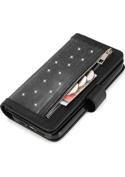 iPhone12/12 Pro Kılıf Glitter Powder Fermuar Cep 9 Kart Tutucu Deri Kapak Black (Yurt Dışından)