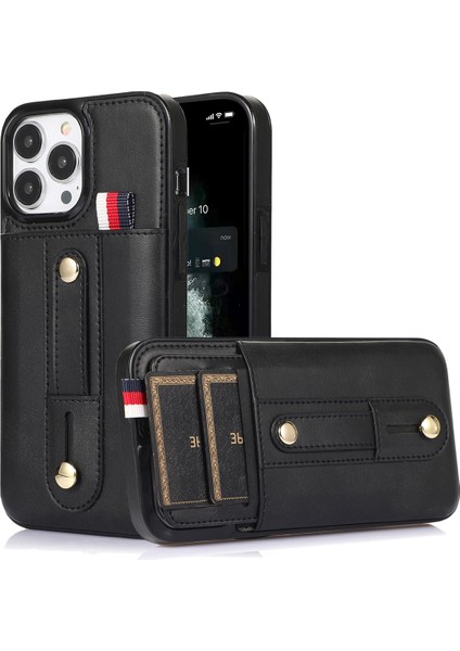 iPhone12 Pro Max Için 6,7 Inç Kasa Damla Geçirmez Deri+Geri Çekilebilir Parmak Kayış-Siyah ile Tpu Telefon Kapağı (Yurt Dışından)
