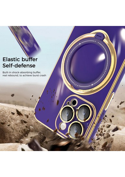 iPhone15 Pro Max Için Electleplating Yumuşak Tpu Kılıfı Döner Kickstand Telefon Kapağı Lens Koruyucu-Pembe (Yurt Dışından)