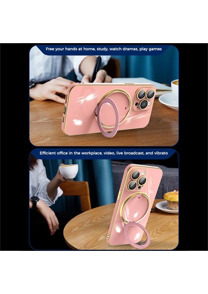 iPhone15 Pro Max Için Electleplating Yumuşak Tpu Kılıfı Döner Kickstand Telefon Kapağı Lens Koruyucu-Pembe (Yurt Dışından)