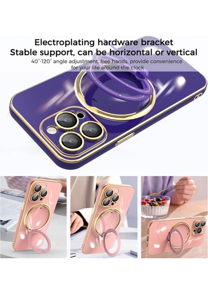 iPhone15 Pro Max Için Electleplating Yumuşak Tpu Kılıfı Döner Kickstand Telefon Kapağı Lens Koruyucu-Pembe (Yurt Dışından)