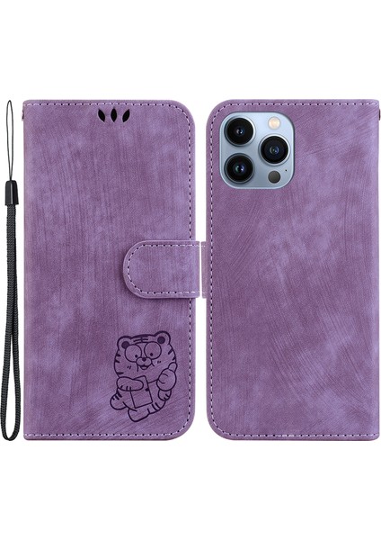 iPhone14 Pro Deri Deri Cüzdan Stand Anti-Çizik Telefon Vaka-Mor Için Çizgi Film Kaplan Izi Kapağı (Yurt Dışından)