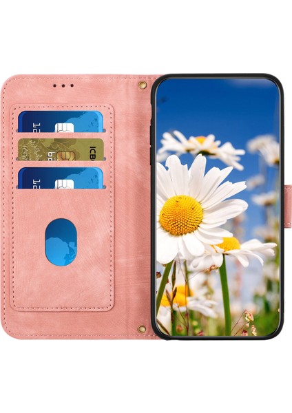 Kart Yuvaları Stand Telefon Kapağı iPhone15 Plus Çiçek Desen Baskı Pu Deri Telefon Kılıf Pembe (Yurt Dışından)