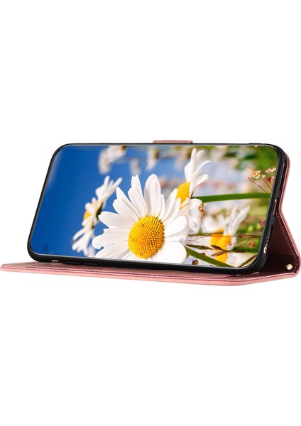 Kart Yuvaları Stand Telefon Kapağı iPhone15 Plus Çiçek Desen Baskı Pu Deri Telefon Kılıf Pembe (Yurt Dışından)