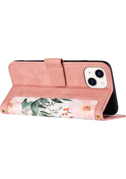Kart Yuvaları Stand Telefon Kapağı iPhone15 Plus Çiçek Desen Baskı Pu Deri Telefon Kılıf Pembe (Yurt Dışından)