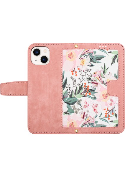 Kart Yuvaları Stand Telefon Kapağı iPhone15 Plus Çiçek Desen Baskı Pu Deri Telefon Kılıf Pembe (Yurt Dışından)