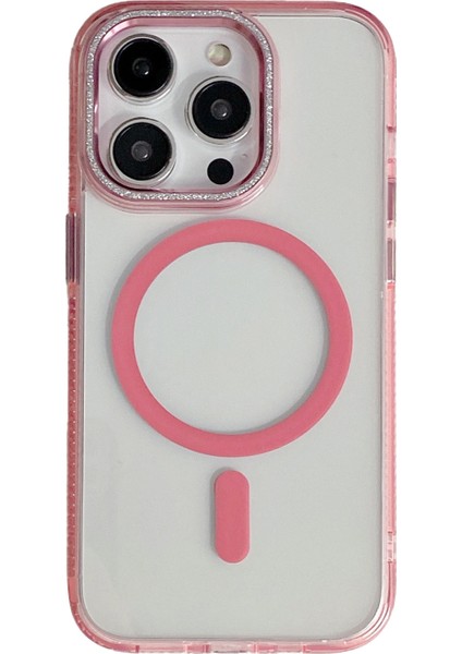 iPhone15 Pro Max Case Tpu+Pc+Alüminyum Alaşım+Mıknatıs Halkası Telefon Kapağı Magsafe-Pink ile Uyumlu (Yurt Dışından)