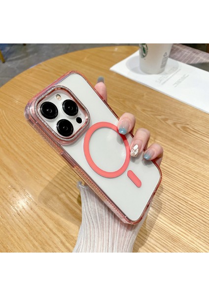 iPhone15 Pro Max Case Tpu+Pc+Alüminyum Alaşım+Mıknatıs Halkası Telefon Kapağı Magsafe-Pink ile Uyumlu (Yurt Dışından)