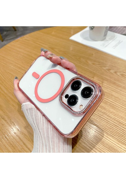 iPhone15 Pro Max Case Tpu+Pc+Alüminyum Alaşım+Mıknatıs Halkası Telefon Kapağı Magsafe-Pink ile Uyumlu (Yurt Dışından)