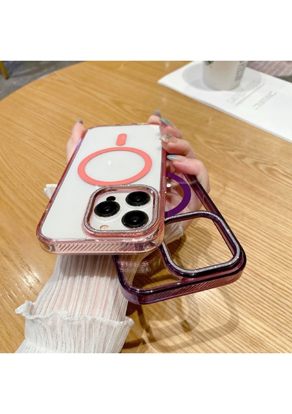 iPhone15 Pro Max Case Tpu+Pc+Alüminyum Alaşım+Mıknatıs Halkası Telefon Kapağı Magsafe-Pink ile Uyumlu (Yurt Dışından)