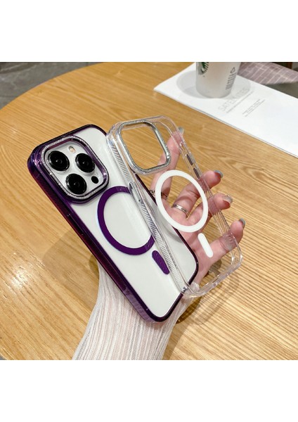 iPhone15 Pro Max Case Tpu+Pc+Alüminyum Alaşım+Mıknatıs Halkası Telefon Kapağı Magsafe-Pink ile Uyumlu (Yurt Dışından)