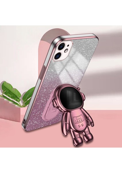 iPhone12 6.1 Inç Kasa Astronot Pc+Tpu Telefon Kapağı Kickstand-Pink ile (Yurt Dışından)