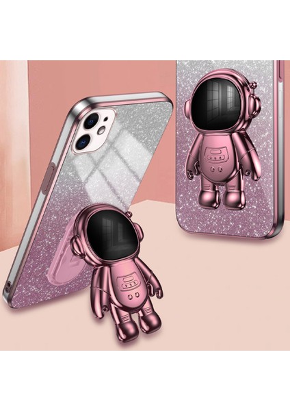 iPhone12 6.1 Inç Kasa Astronot Pc+Tpu Telefon Kapağı Kickstand-Pink ile (Yurt Dışından)