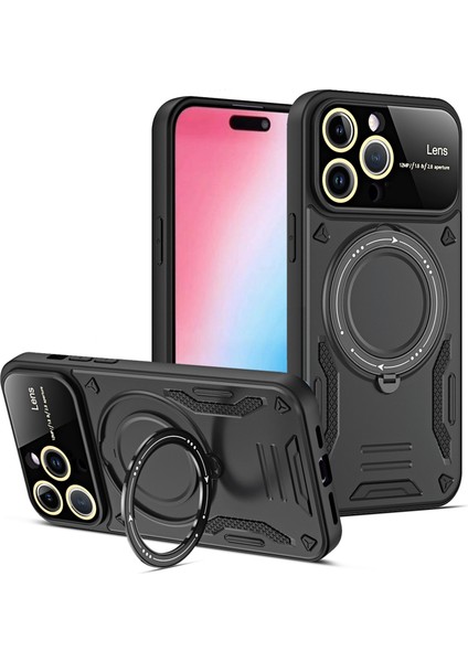 iPhone15 Pro Pc+Tpu Telefon Kapağı Için Ring Kickstand Manyetik Kılıf Magsafe-Black ile Uyumlu (Yurt Dışından)