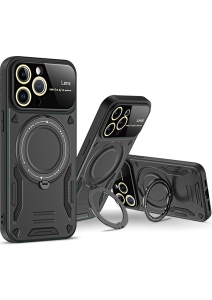 iPhone15 Pro Pc+Tpu Telefon Kapağı Için Ring Kickstand Manyetik Kılıf Magsafe-Black ile Uyumlu (Yurt Dışından)