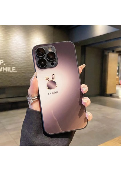 iPhone14 Pro Max Case Rhinestone Dekor Lop Yüzlü Tavşan Deseni Temperli Cam+Tpu Telefon Kapak Black (Yurt Dışından)