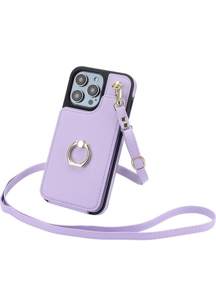 iPhone13 Pro Max Için 6.7 Inç Cep Telefonu Kılıf Crossbody Pu Deri+Tpu Ring Tutucu Kickstand Shell-Light Mor (Yurt Dışından)