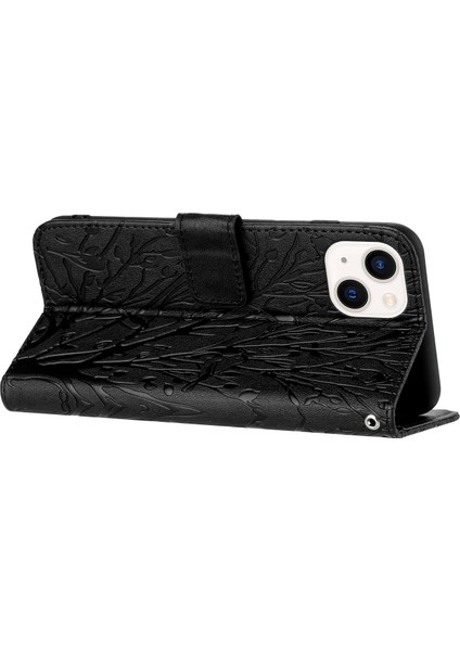 iPhone13/14 Deri Kılıf Ağacı Kuş Dingisi Akıllı Telefon Cüzdan Standı Case-Black (Yurt Dışından)