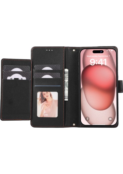 iPhone12/12 Pro 6.1 Inç Kasa Pu Deri Cüzdan Telefon Kapağı 2 Kayış-Siyah (Yurt Dışından)