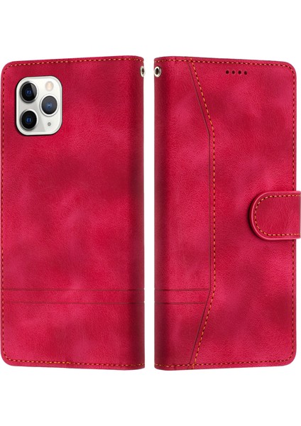 iPhone11 Pro Max Için Retro Deri Telefon Kılıf Hatları Dingi Flip Cüzdan Standı Kapak Kırmızısı (Yurt Dışından)