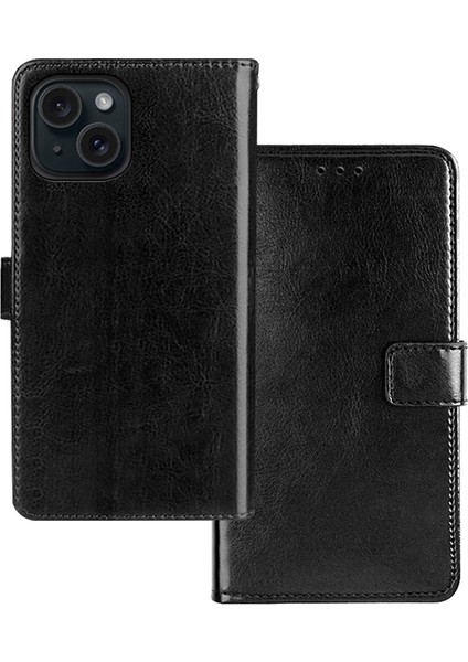 iPhone15 Case Case Horse Doku Deri Deri Stand Telefon Kapağı Cüzdan-Black (Yurt Dışından)